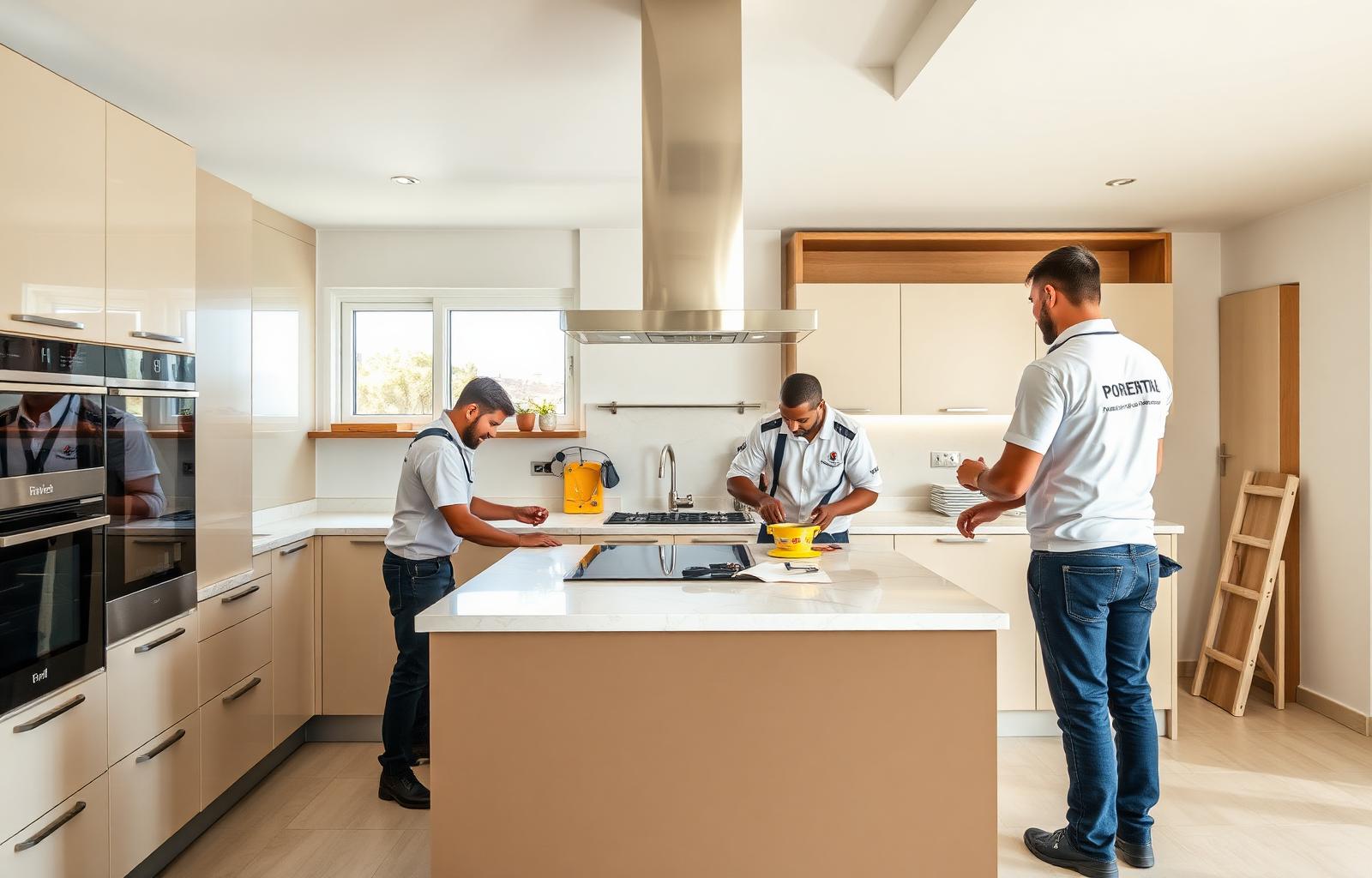 Equipo de montadores instalando una cocina
